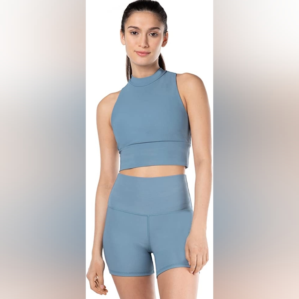 NWT Kyodan Women’s Ribbed Sports Bra High Neck Padded Full Coverage Crop TankTop